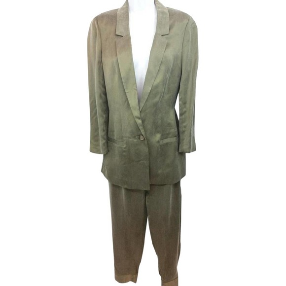 DIANE VON FURSTENBERG SATIN DARK GREEN SILK BLEND PANT SUIT 4 8